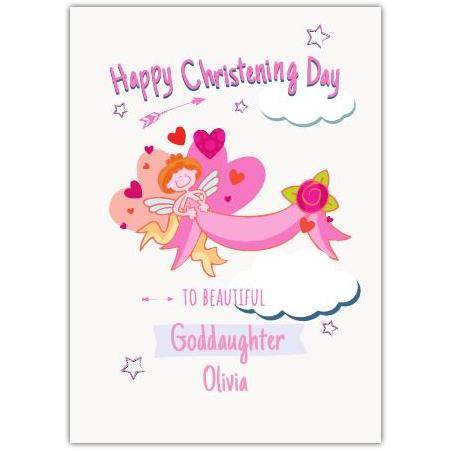 Happy Christening Day Card for Goddaughter with Angel and Hearts Design