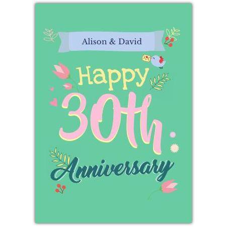 Personalised 30th Wedding Anniversary Card with Birds Flowers and Green Background