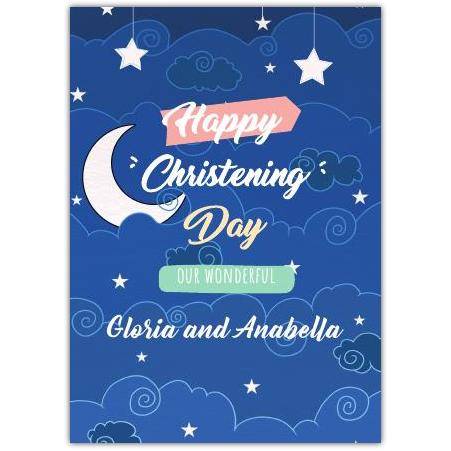 Personalised Christening Day Card Blue Moon and Stars Design for Baby or Child