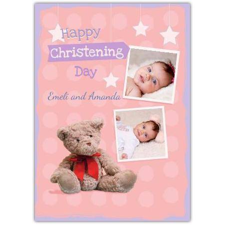 Personalised Pink Teddy Bear Christening Day Card with Photo Upload Option