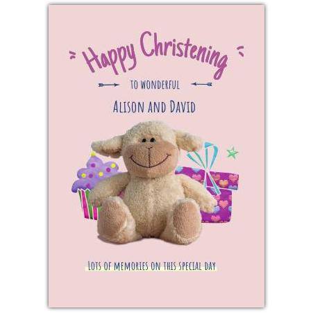 Personalised Pink Christening Card with Cute Sheep Teddy and Gift Design