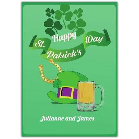 Personalised St Patricks Day Card with Leprechaun Hat Beer and Clover Design