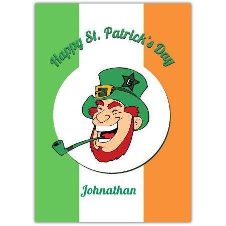 Personalised St Patrick's Day Leprechaun Pipe Irish Flag Greeting Card