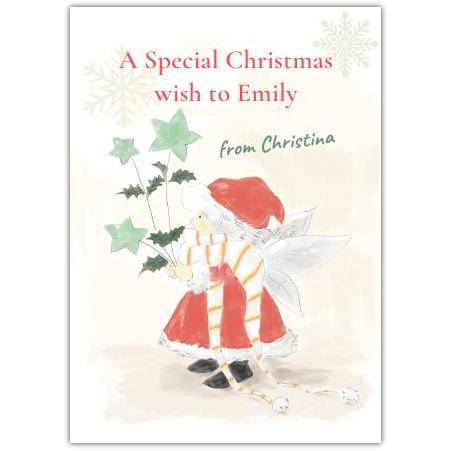 Personalised Christmas Fairy Greeting Card with Red Santa Outfit and Ivy Design