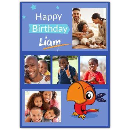Personalised Blue Photo Upload Parrot Birthday Card for Kids