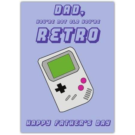 Fathers Day Retro Gaming Card with Vintage Handheld Console Design and Humorous Message