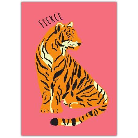 Fierce Tiger Roar Illustrated Animal Greeting Card with Red Background