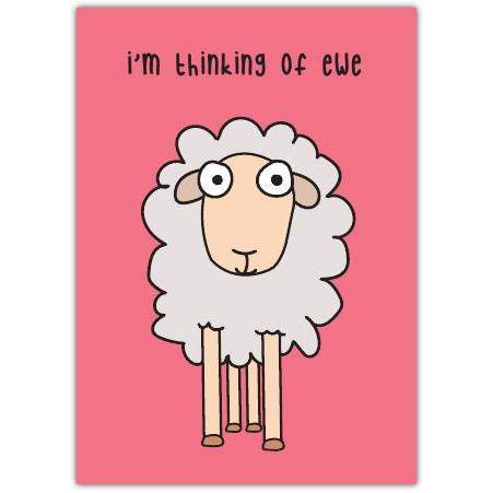 Thinking of You Pun Card with Cute Sheep on Pink Background