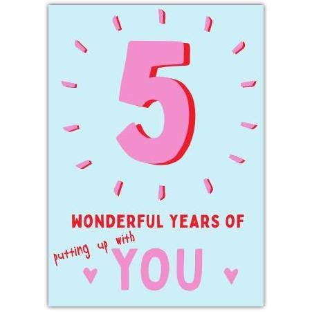 Five Years Anniversary Card Wonderful Years of You Pink and Blue Design