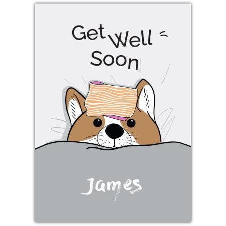 Personalised Get Well Soon Card Featuring Cute Dog in Bed with Cooling Pad Design