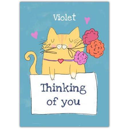 Thinking of You Cute Yellow Kitty Holding Flowers Greeting Card
