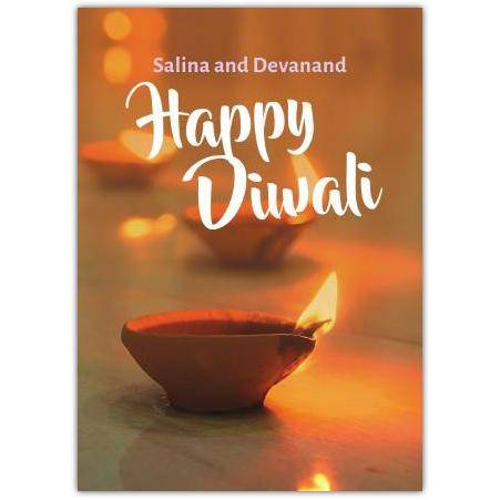 Personalised Happy Diwali Greeting Card with Flame and Diva Lamp in Muted Brown Tones
