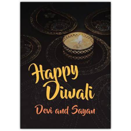 Personalised Happy Diwali Card with Lighted Diya Flame on Dark Background