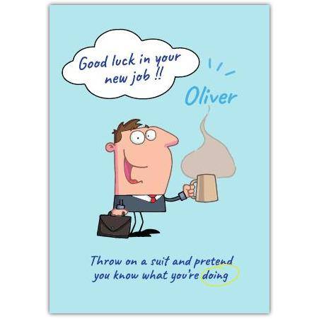 Personalised New Job Good Luck Card Funny Businessman with Coffee Humour