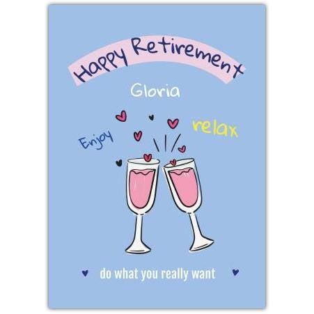 Personalised Happy Retirement Card Pink Wine Glasses Clink and Hearts Design