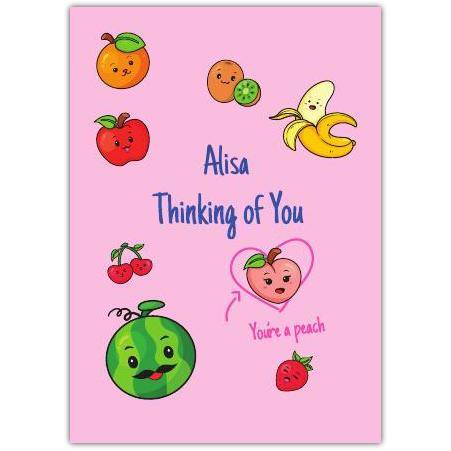 Personalised Thinking of You Card with Cute Fruit Characters on Pink Background