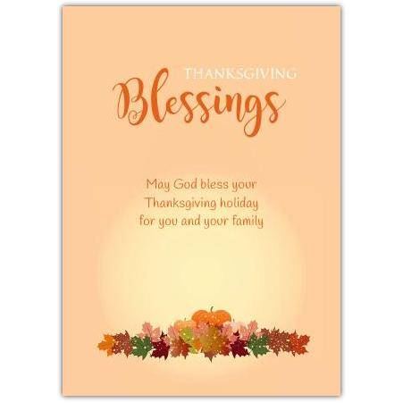 Thanksgiving Blessings Religious Holiday Card with Autumn Leaves and Pumpkin Design
