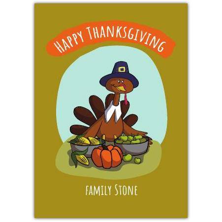 Happy Thanksgiving Turkey Wearing Pilgrim Hat with Autumn Harvest Card
