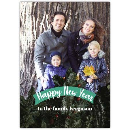 Personalised Happy New Year Photo Greeting Card with Custom Family Name in Green Design