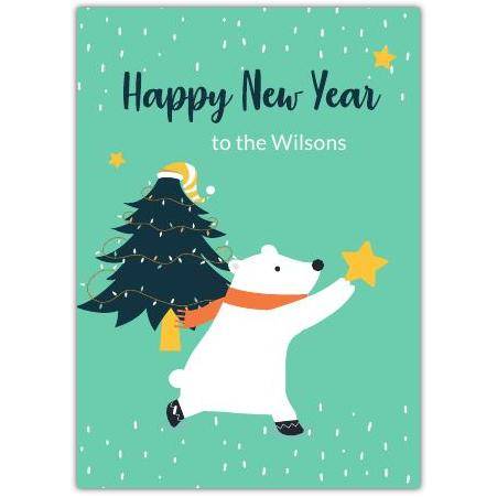 Personalised Happy New Year Polar Bear and Christmas Tree Greeting Card