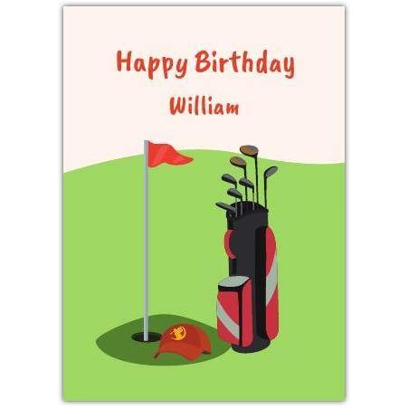 Personalised Happy Birthday Golf Lover Card with Golf Bag and Green Design
