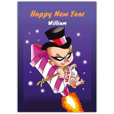 Personalised Happy New Year Rocket Launch Card for Boys with Magician Hat Design