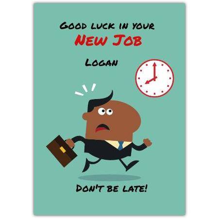 Good Luck New Job Card Personalised Running Man in Suit with Clock Design