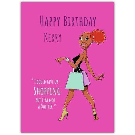 Funny Shopaholic Woman Birthday Card Personalised Pink Shopping Bag Design