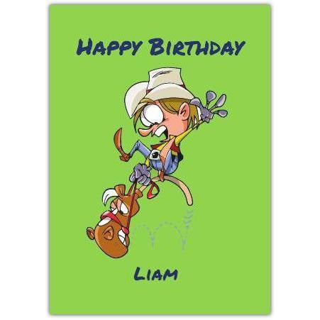 Personalised Funny Cowboy and Horse Birthday Card for Kids on Green Background