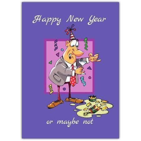 Funny Happy New Year Card with Cartoon Man and Champagne Celebration Design