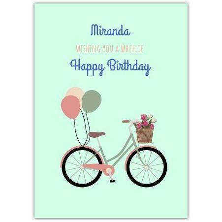 Personalised Happy Birthday Bicycle Balloon Greeting Card with Floral Basket and Pun