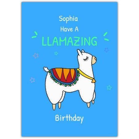 Personalised Llamazing Birthday Card with Llama Pun on Blue Background