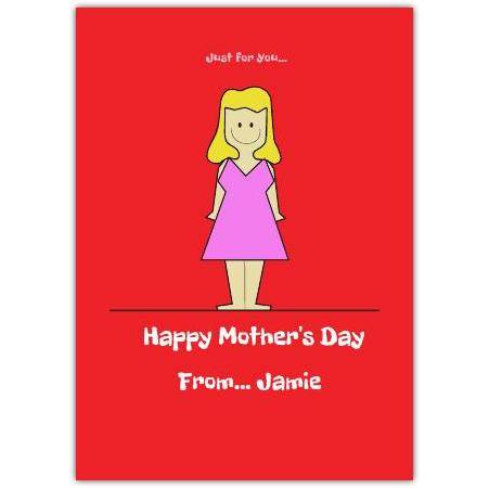Personalised Mothers Day Card with Pink Dress Doodle on Red Background