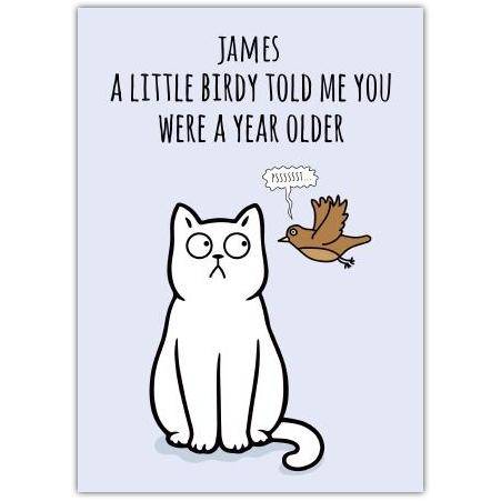 Personalised Funny Birthday Card with Cat and Snitch Bird Design