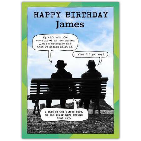 Personalised Funny Birthday Card for Blokes Detective Theme Bench Conversation