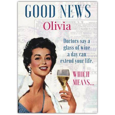 Personalised Funny Birthday Card Glass of Wine Good News Design