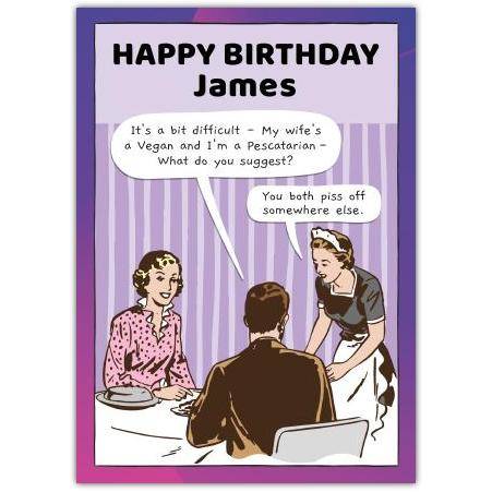 Personalised Funny Retro Vegan Pescatarian Birthday Greeting Card for Adults