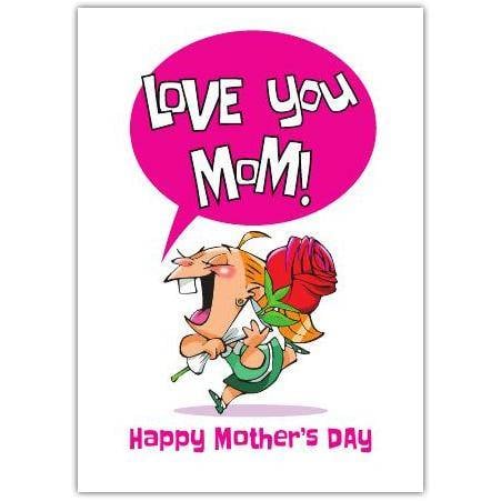 Love You Mom Cartoon Girl Holding Rose Mothers Day Greeting Card