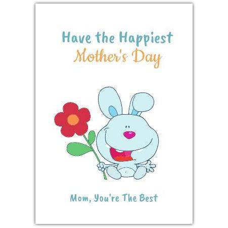 Cute Blue Bunny Mothers Day Greeting Card with Red Flower for Mom