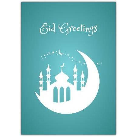 Eid Greetings Card Blue Mosque and Crescent Moon Religious Celebration Design