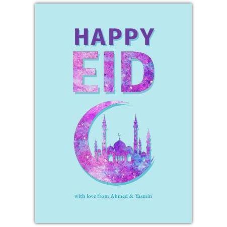 Happy Eid Greeting Card with Purple Crescent Moon and Mosque Design
