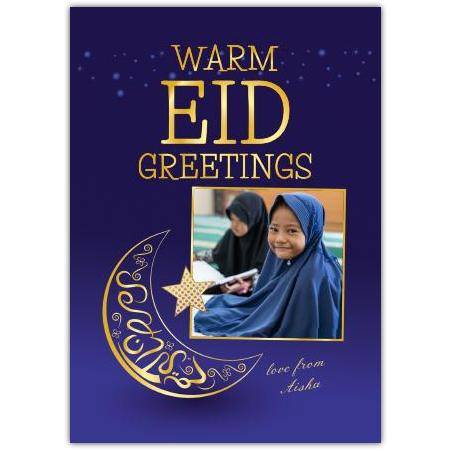 Personalised Warm Eid Greetings Photo Upload Blue Crescent Moon Card