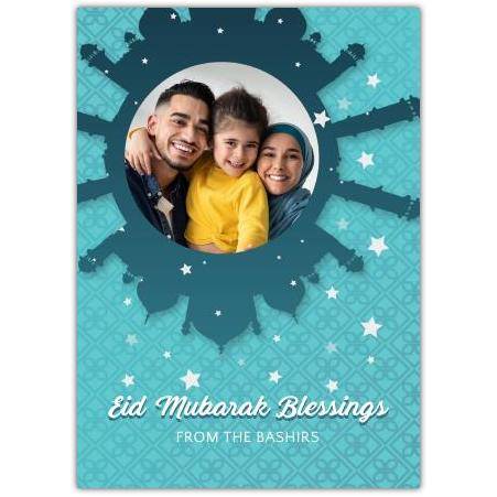 Personalised Eid Mubarak Photo Upload Blue Mosque Blessings Greeting Card