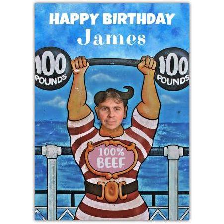 Personalised Strong Man Carnival Photo Upload Humour Birthday Card