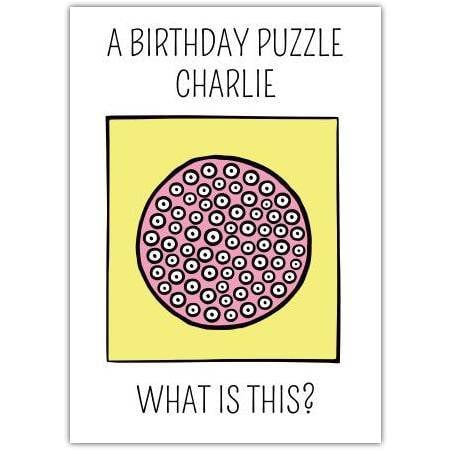 Personalised Humorous Birthday Card with Puzzle Cake Design for Charlie