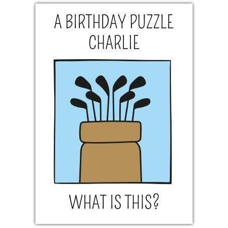 Personalised Humorous Birthday Card Golf Clubs Puzzle Design