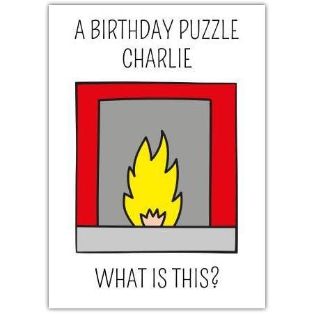 Birthday Puzzle Blonde Humour Card with Fireplace Illustration