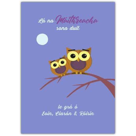 Happy Mother's Day Owls Greeting Card in Irish with Personalised Text Option