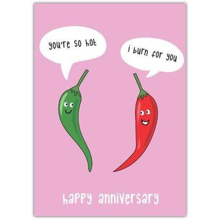 You're So Hot Chilli Humorous Anniversary Card with Fun Cartoon Peppers