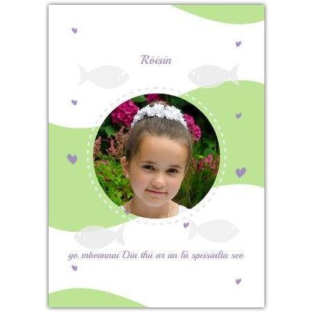 Personalised First Communion Card in Irish Green and Purple with Photo Frame
